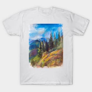 Pastel drawing of an Alpine Pine Forest T-Shirt